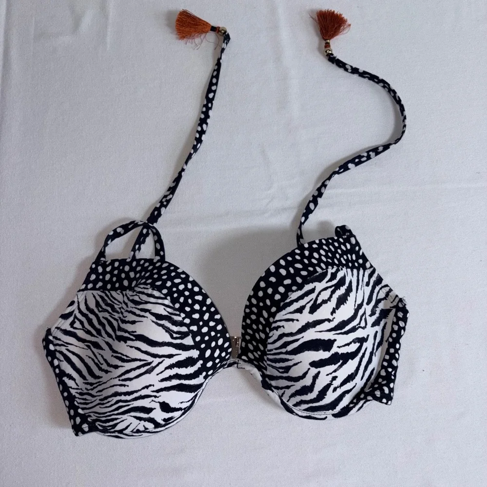 Victoria's Secret Tease Halter Bikini Top 34DD Black White Excellent Zebra Dot